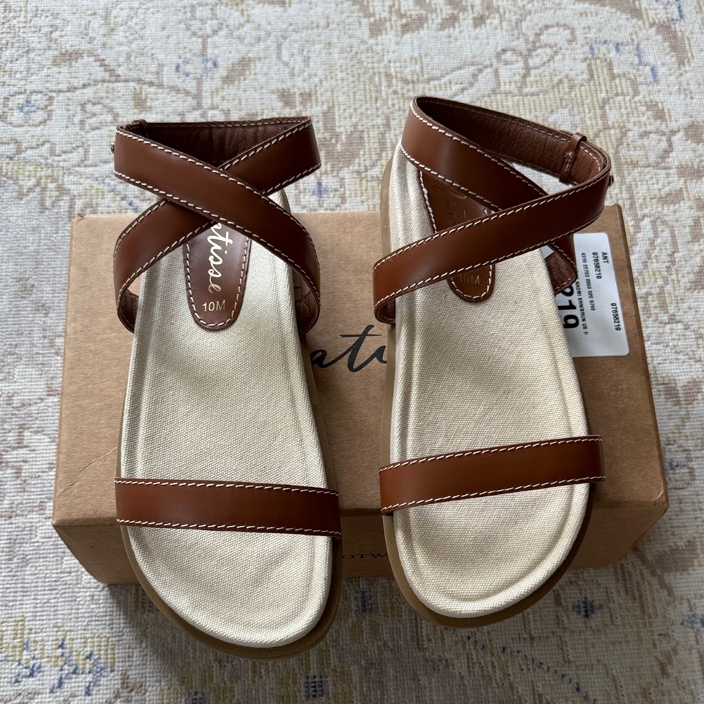 Anthropologie Tan Leather Ankle-Strap Flat Sandals - Picture 2 of 9